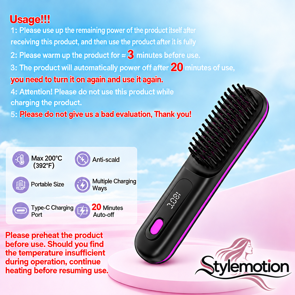 Stylemotion Pro Hair Straightener Brush – Frizz-Free, Salon-Smooth Results at Home & On the Go
